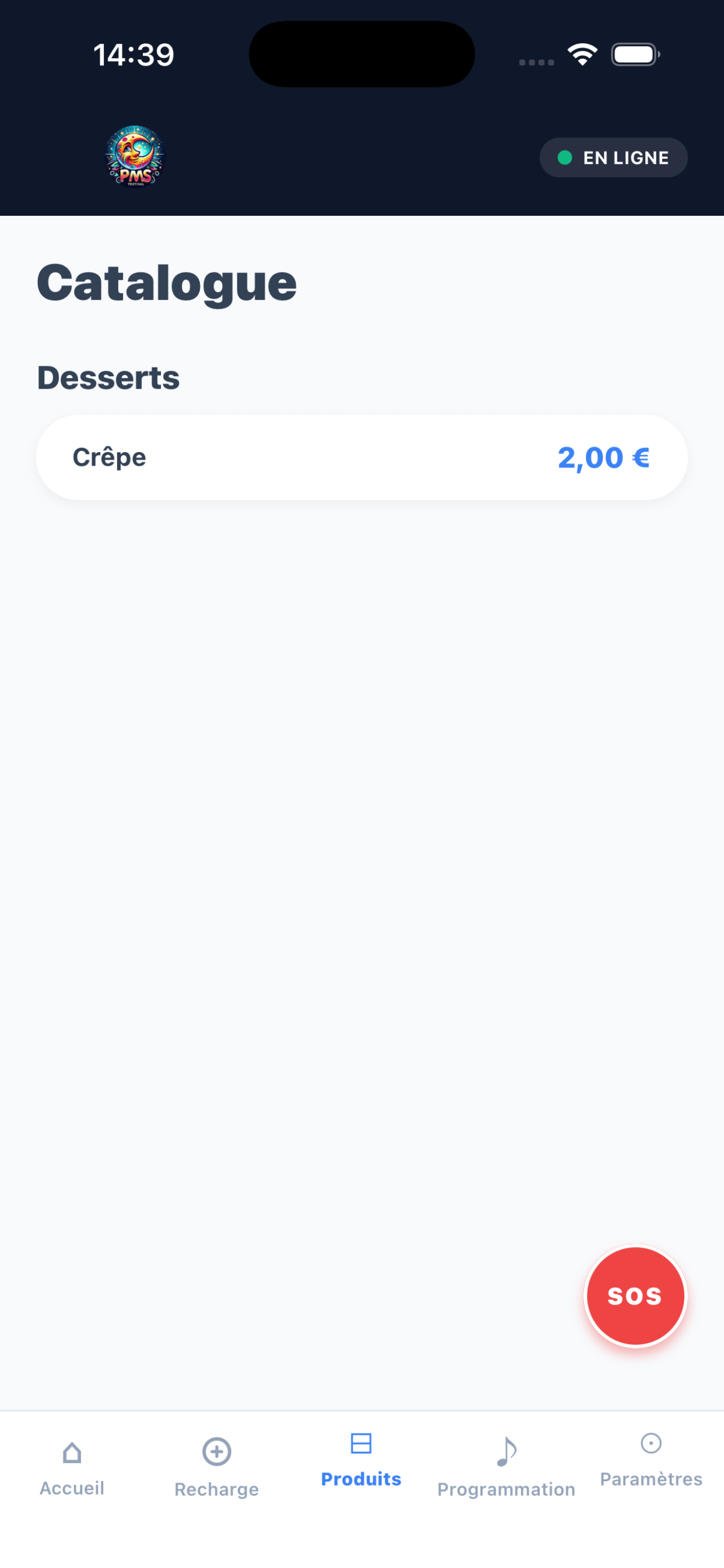 Écran catalogue produits avec prix